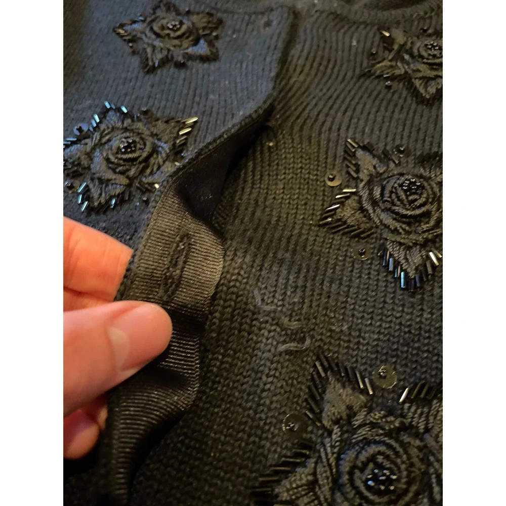 Marisa Christina Women Cardigan Large Black Beaded Floral Wool Blend Sweater‎